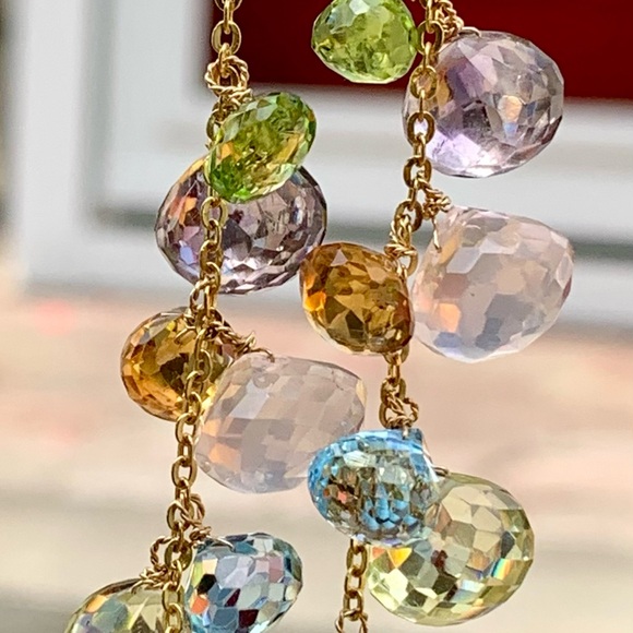 14K Gold Multi Gemstone Amethyst Kisses Briolette Chandelier Earrings - Picture 2 of 8